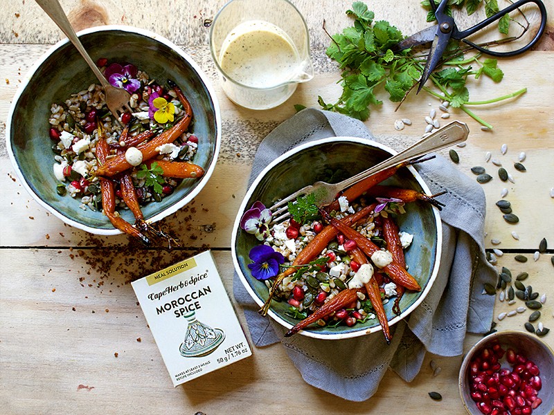 MOROCCAN ROAST CARROT AND PEARL WHEAT SALAD WITH HUMMUS DRESSING